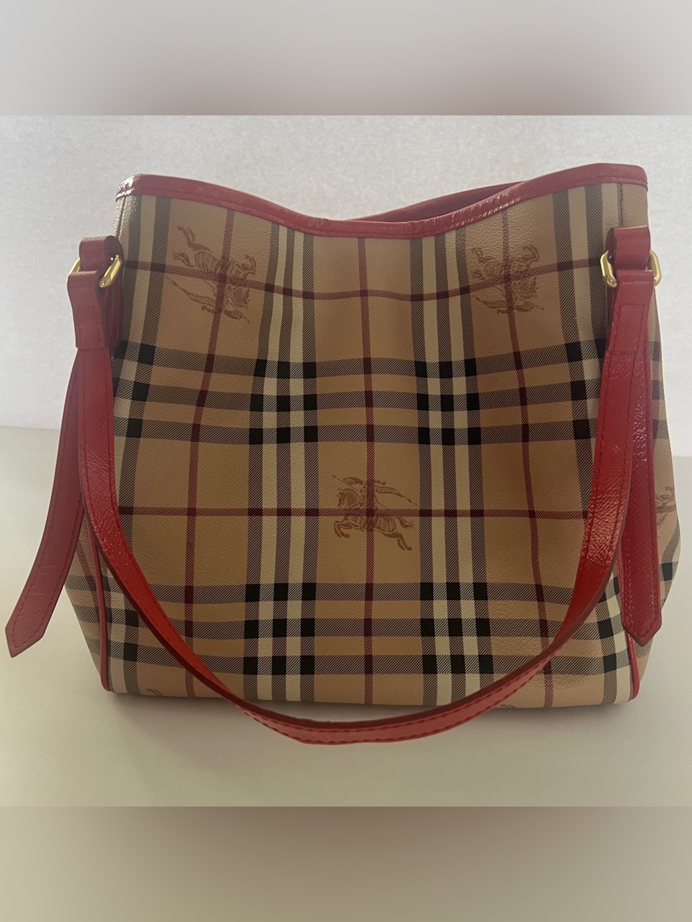 Burberry Haymarket Patent Colours Small Canterbury Tote | Coral Red
